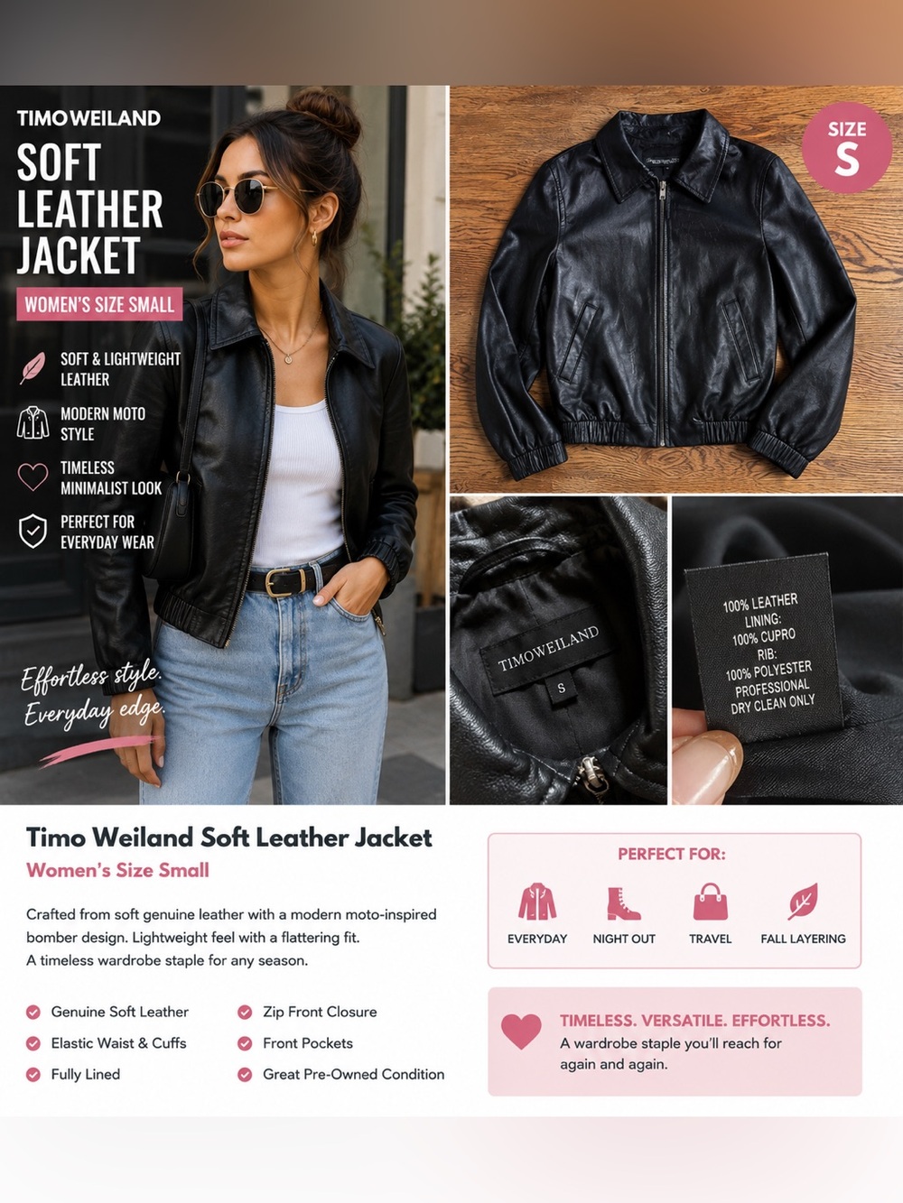 Women's Black Soft Leather Jacket Size Small